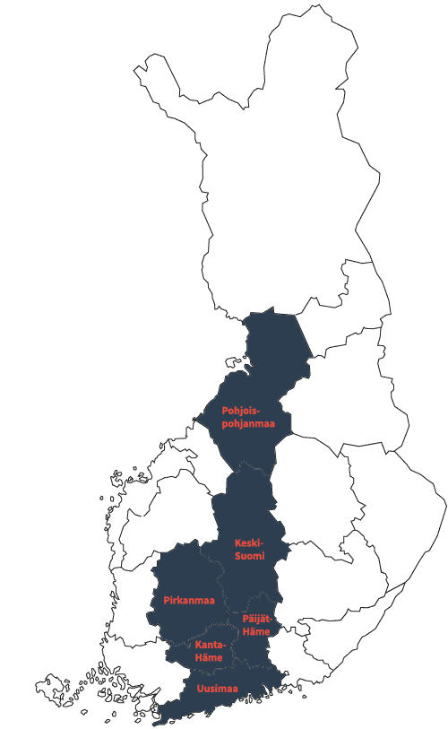 Kartta, joka näyttää Suomen sammalpoiston toimialueet: Kanta-Häme, Keski-Suomi, Pirkanmaa, Pohjois-Pohjanmaa, Päijät-Häme ja Uusimaa.
